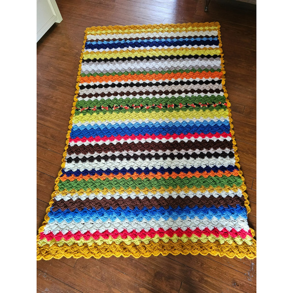 Vintage Large 70s Handmade Crochet Granny Afghan Retro Blanket 84"×50" Boho Cozy